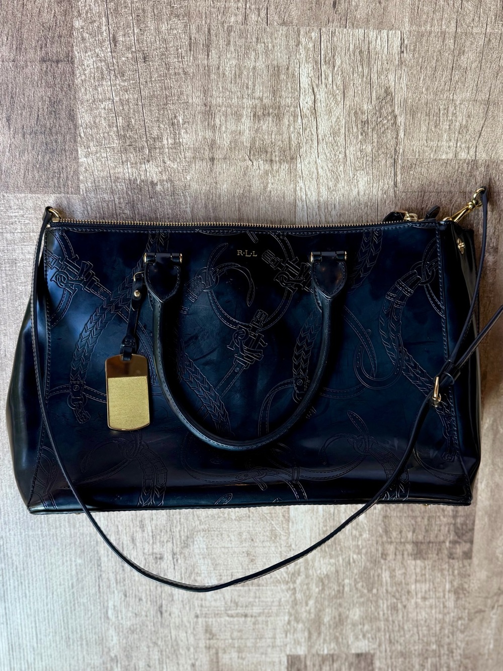 Lauren Ralph Lauren Black Patent Embossed Equestrian Satchel Bag LRL Y2K